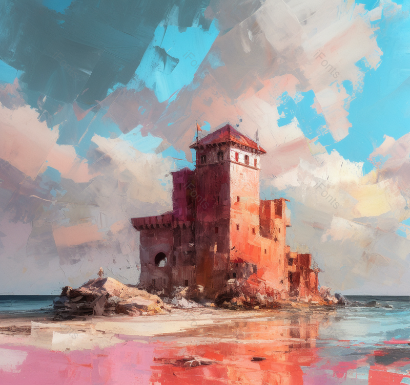 倒影海岸线边海浪小岛古堡矗立夕阳日落云朵天空油画,插画/手绘图,插画/手绘图库,插画/手绘图下载,插画/手绘